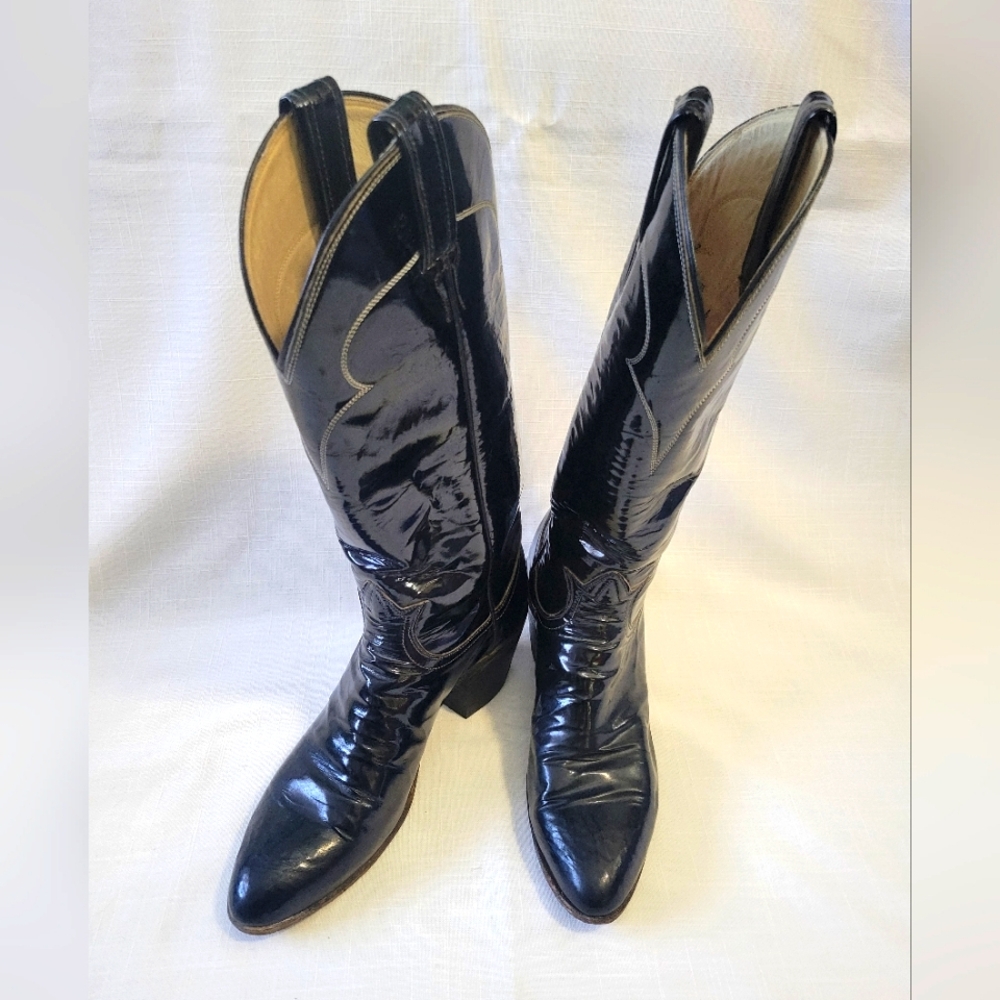 Vtg. Tony Lama Black Patent Leather Cowboy Boots size 6A